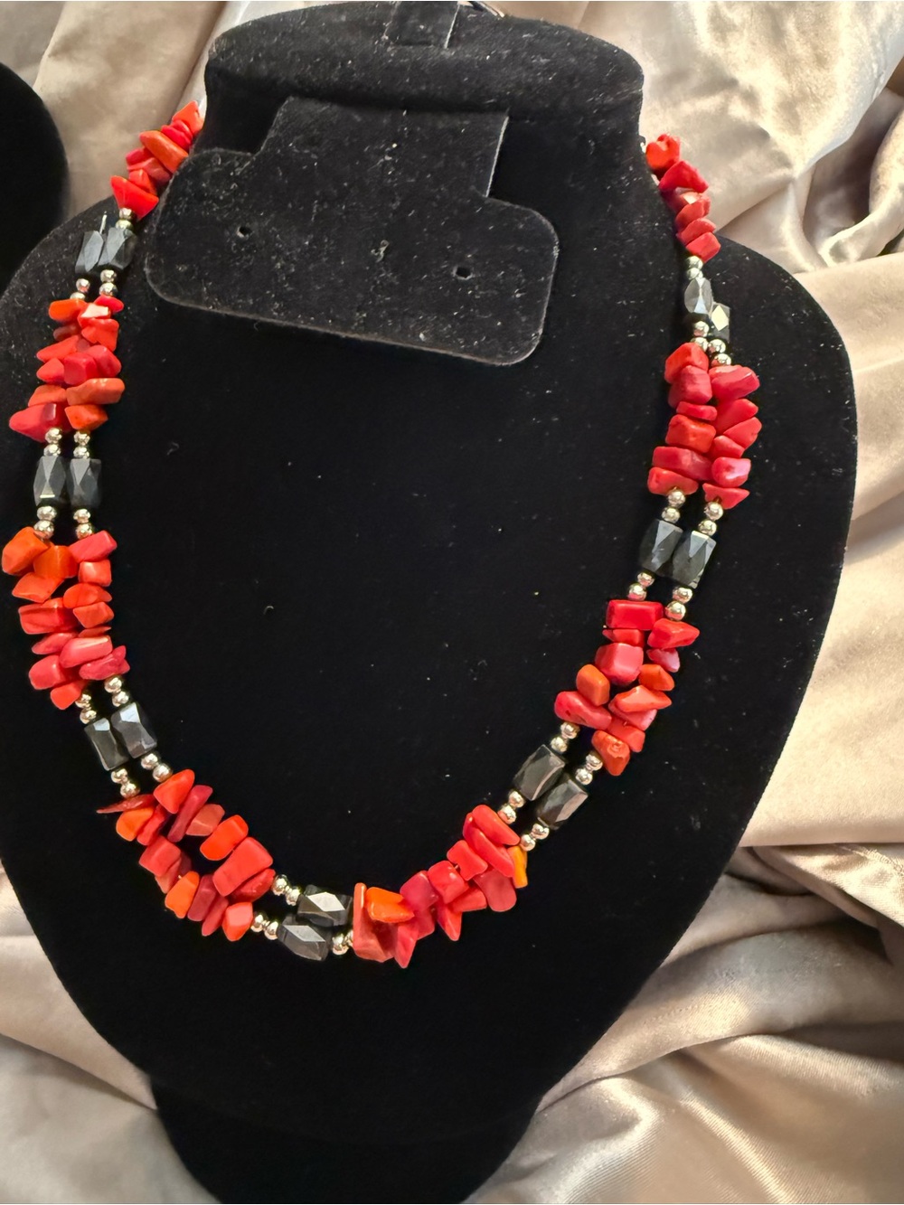 Red Coral Chip & Hematite Magnetic Bead strand. Wear as Necklace or Bracelet.